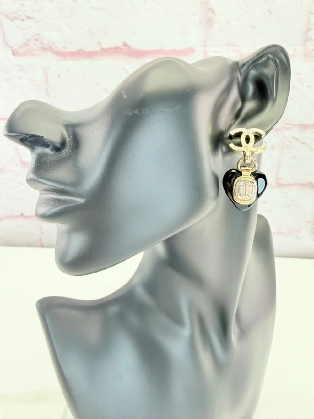 Chanel 2021 Enamel & Strass CC Heart Drop Earrings